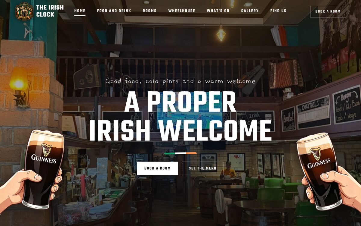 The Irish Clock website homepage: a hotel and pub website in Udon Thani, Thailand, by Fuzion Web Design