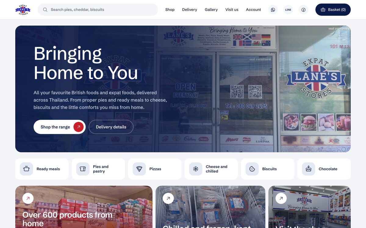 Lane's Expat Stores website homepage: an expat foods shop website in Jomtien, Pattaya, Thailand, by Fuzion Web Design
